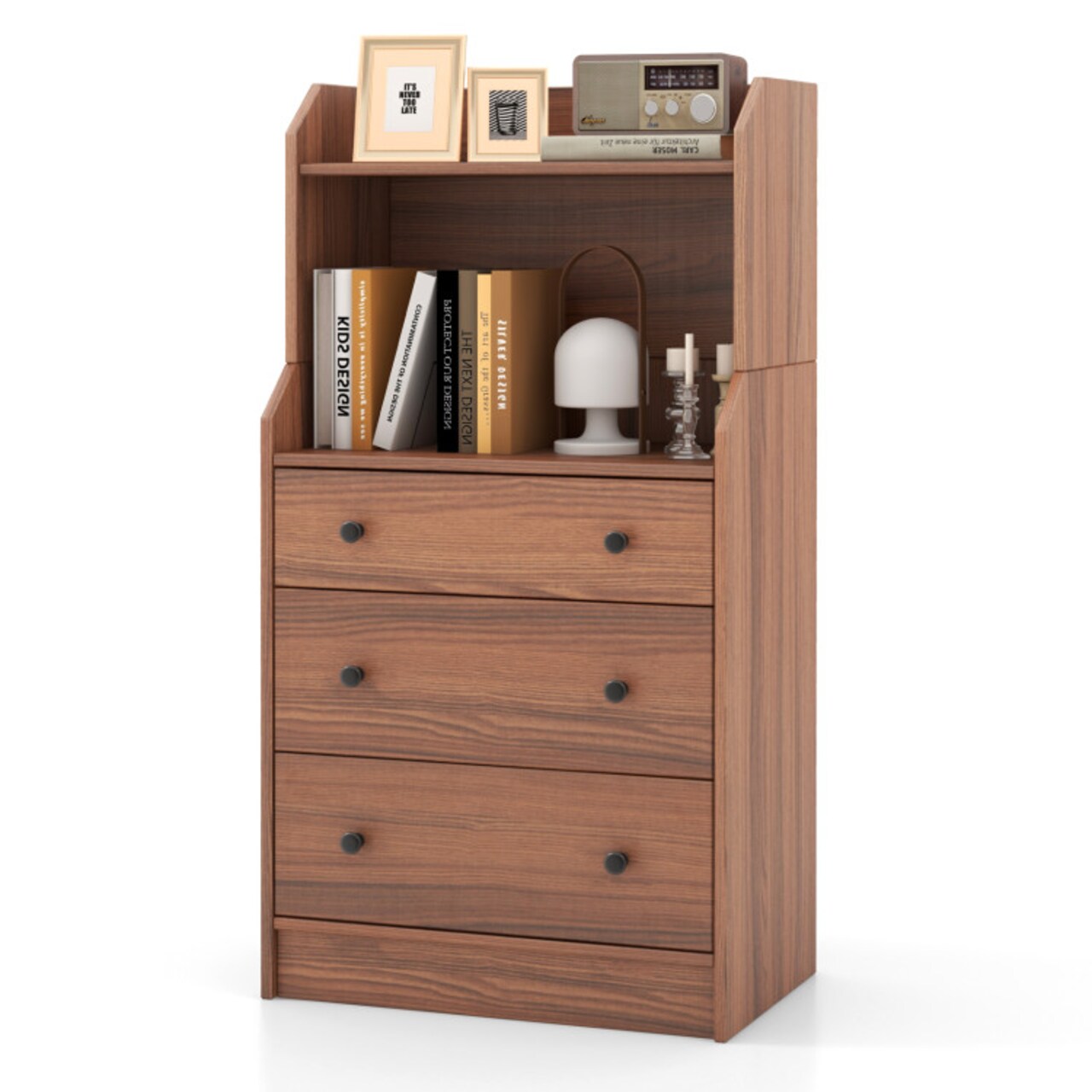 Walnut Engineered Wood Tall Storage Dresser with Shelves and Drawers